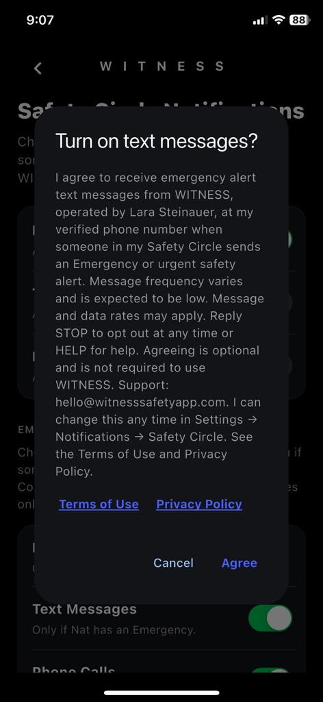 The WITNESS app asking "Turn on text messages?" with the full text message consent statement, Terms of Use and Privacy Policy links, and Cancel and Agree buttons.