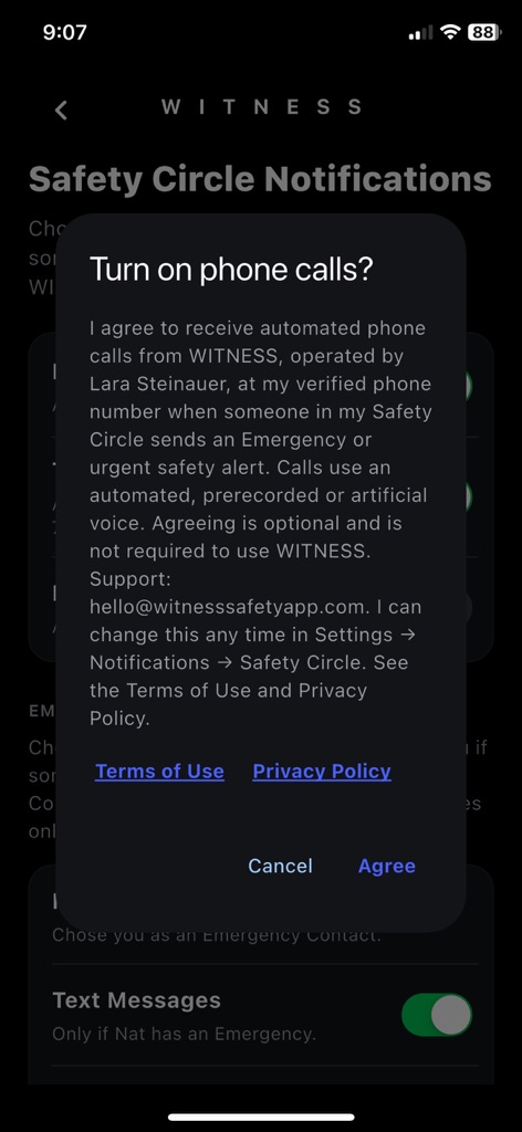 The WITNESS app asking "Turn on phone calls?" with the full automated phone call consent statement, Terms of Use and Privacy Policy links, and Cancel and Agree buttons.