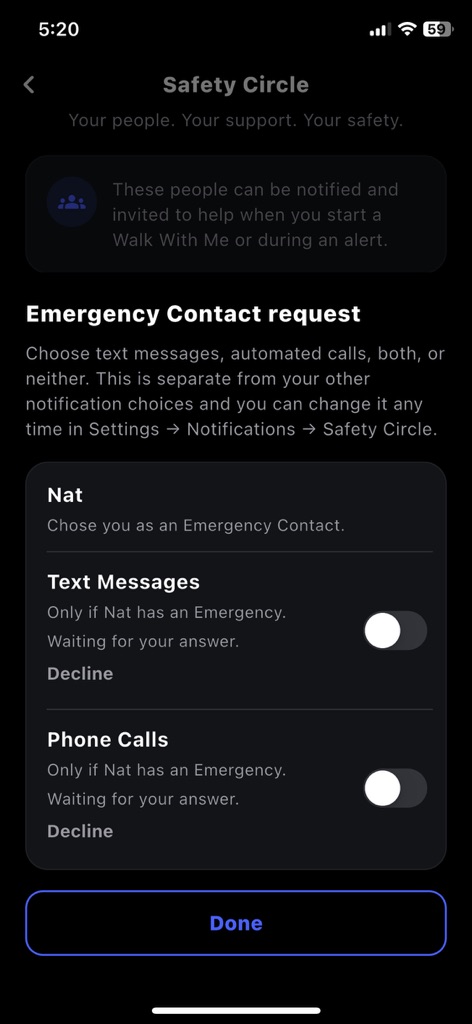 The WITNESS app showing an Emergency Contact request with separate Text Messages and Phone Calls switches, both off, and a Done button.