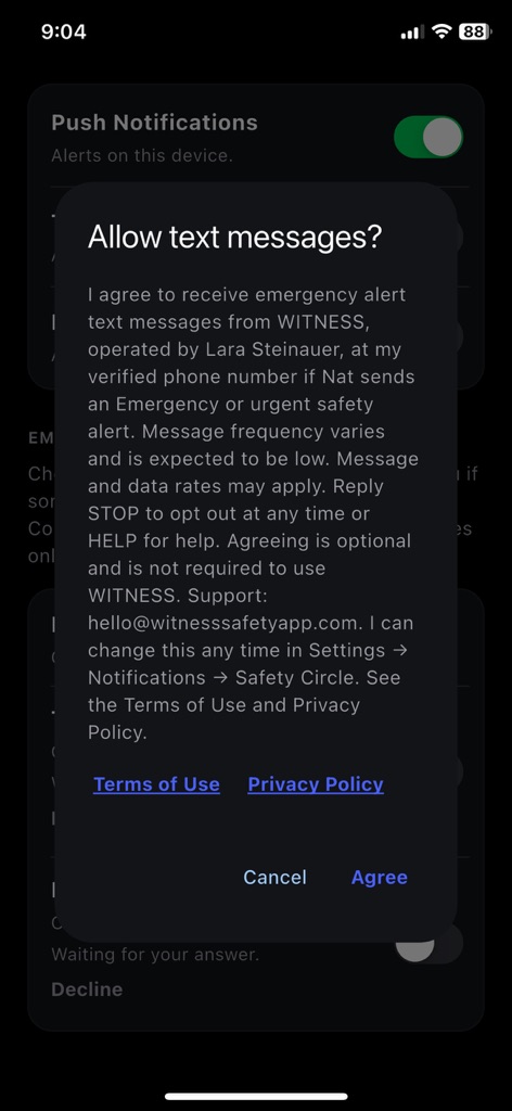 The WITNESS app asking "Allow text messages?" with the Emergency Contact text message consent statement naming the requester, Terms of Use and Privacy Policy links, and Cancel and Agree buttons.