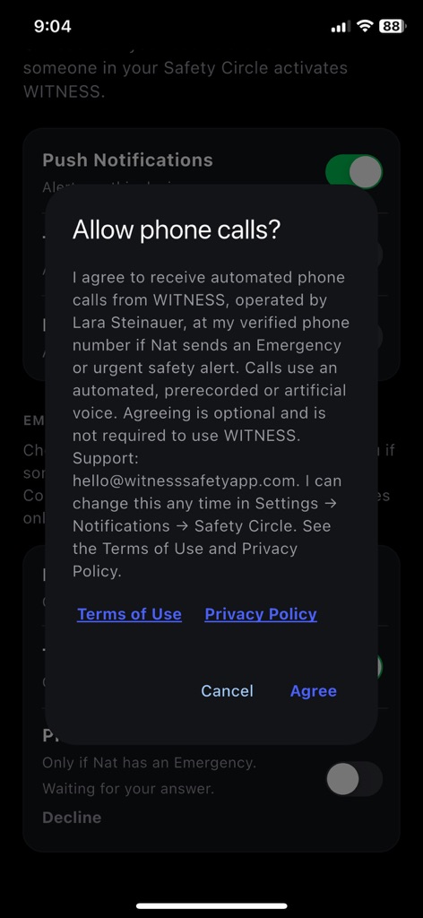 The WITNESS app asking "Allow phone calls?" with the Emergency Contact automated phone call consent statement naming the requester, Terms of Use and Privacy Policy links, and Cancel and Agree buttons.