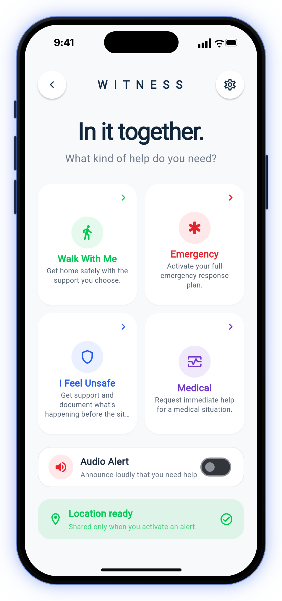 The WITNESS app on an iPhone, asking what kind of help you need, with Walk With Me, Emergency, I Feel Unsafe and Medical.